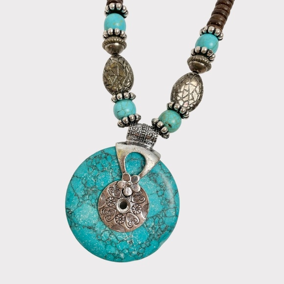 Turquoise and Silver Wood Bead Pendant Necklace - Picture 2 of 6